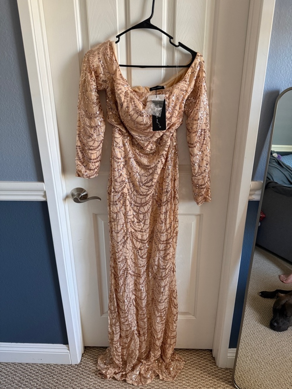 Sequin Draped Long Sleeve Evening Gown in Rose Gold